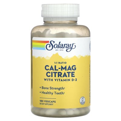 Solaray, stosunek 1: 1, cytrynian Cal-Mag z witaminą D-2, 180 Vegcaps Solaray, stosunek 1: 1, cytrynian Cal-Mag z witaminą D-2, 180 Vegcaps