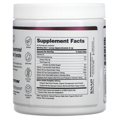 Suplementy Snap, tlenek azotu, buraki organiczne, oryginalna jagoda, 8,8 uncji (250 g)