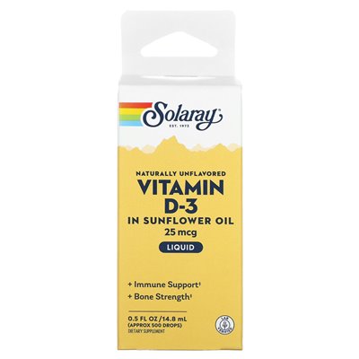 Solaray, witamina D-3 w oleju słonecznikowym, naturalnie bezsfektowane, 25 mcg, 0,5 fl oz (14,8 ml)
