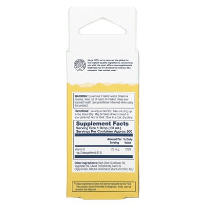 Solaray, witamina D-3 w oleju słonecznikowym, naturalnie bezsfektowane, 25 mcg, 0,5 fl oz (14,8 ml)
