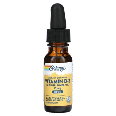 Solaray, witamina D-3 w oleju słonecznikowym, naturalnie bezsfektowane, 25 mcg, 0,5 fl oz (14,8 ml)
