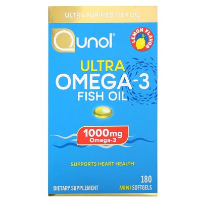 Qunol, Ultra omega-3 olej rybny, cytryna, 1000 mg, 180 mini miękkich (500 mg na miękką)