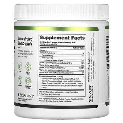 Suplementy Snap, przedsiejanie tlenku azotu z burakami organicznymi, 8,8 uncji (250 g)