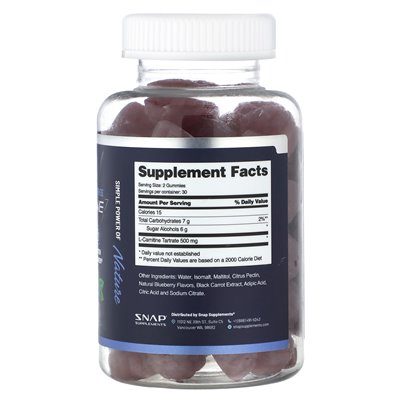 Suplementy Snap, L-Carnitine Gummi, Bez cukru, jagodę, 60 gumzy