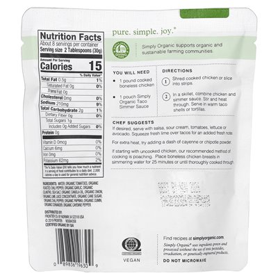 Simply Organic Milde Slow Cooker Taco-Sauce für Hühnchen, 8 oz (227 g) Simply Organic Milde Slow Cooker Taco-Sauce für Hühnchen, 8 oz (227 g)