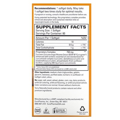 Terry naturalnie, zakręcony, lepsza kurkumina absorpcji, 750 mg, 60 miękkich Terry naturalnie, zakręcony, lepsza kurkumina absorpcji, 750 mg, 60 miękkich