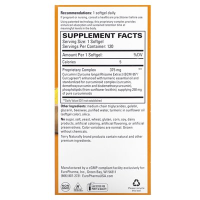 Terry naturalnie, zakręcony, lepsza kurkumina absorpcji, 375 mg, 120 miękkich