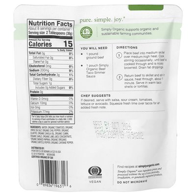 Simply Organic Southwestern Taco Simmer Beef Sauce, 8 oz (227 g)