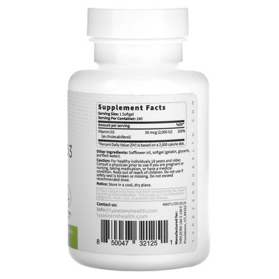 Typero, czysty, witamina D3, 2000 IU, 240 Softgels Typero, czysty, witamina D3, 2000 IU, 240 Softgels