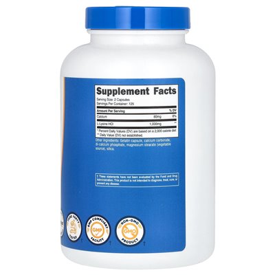 Nutricost, L-lizyna, 1000 mg, 250 kapsułek (500 mg na kapsułkę)