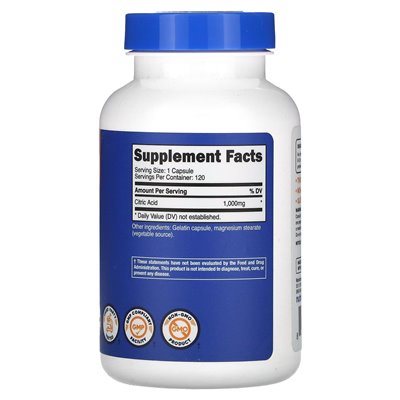 Nutricost, kwas cytrynowy, 1000 mg, 120 kapsułek