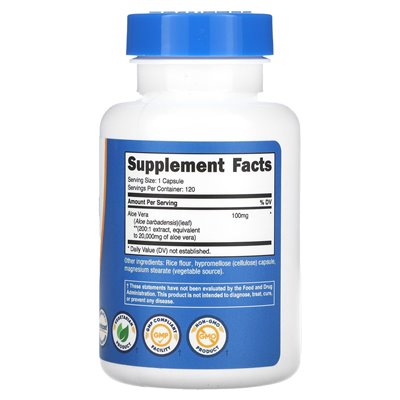 Nutricost, Aloe Vera, 20 000 mg, 120 kapsułek