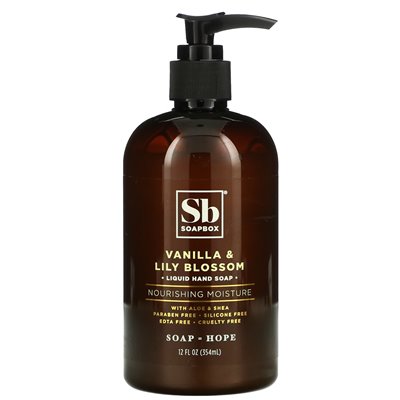 SOAPBOX, płynne mydło rąk z aloesem i shea, wanilią i lilią kwiat, 12 fl oz (354 ml) SOAPBOX, płynne mydło rąk z aloesem i shea, wanilią i lilią kwiat, 12 fl oz (354 ml)