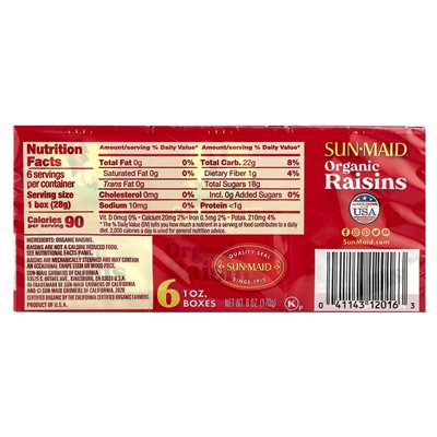 Sun-Maid, Bio-Rosinen aus Kalifornien, 6 Schachteln, 1 Unze (28,3 g)