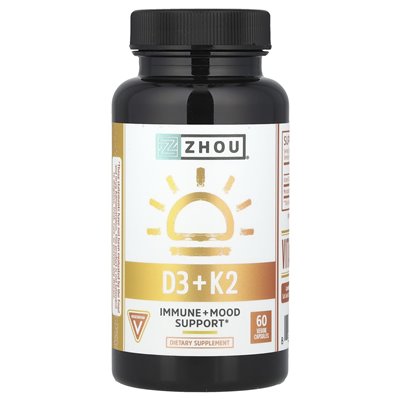 Zhou Nutrition, D3 + K2, 60 wegetariańskich kapsułek Zhou Nutrition, D3 + K2, 60 wegetariańskich kapsułek