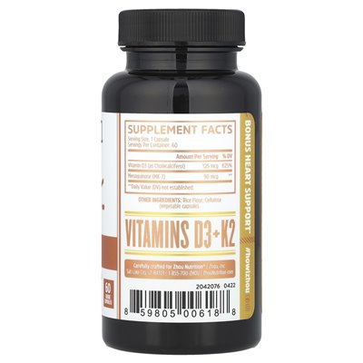 Zhou Nutrition, D3 + K2, 60 wegetariańskich kapsułek Zhou Nutrition, D3 + K2, 60 wegetariańskich kapsułek