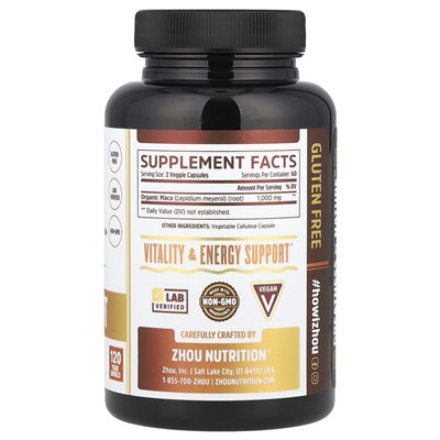 Zhou Nutrition, Maca Root, 1000 mg, 120 kapsułek wegetariańskich (500 mg na kapsułkę)