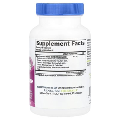 Ridgecrest Herbals, Formuła ciśnienia krwi, 120 czapek Ridgecrest Herbals, Formuła ciśnienia krwi, 120 czapek