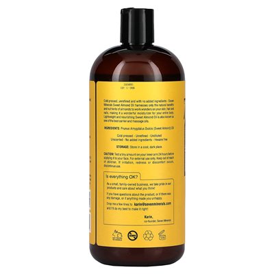 Siedem minerałów, olej słodkich migdałowych, naczepny i nierafinowany, bezzapachowy, 32 fl oz (950 ml) Siedem minerałów, olej słodkich migdałowych, naczepny i nierafinowany, bezzapachowy, 32 fl oz (950 ml)