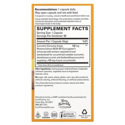 Terry naturalnie, zakręcony, lepsza kurkumina absorpcji, 500 mg, 60 kapsułek
