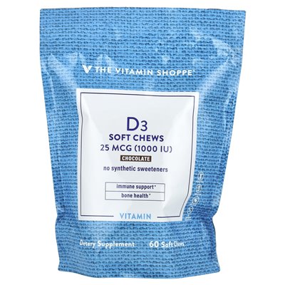 Witaminy Shoppe, żucie witaminy D3, czekolada, 25 mcg (1000 IU), 60 miękkich żuć