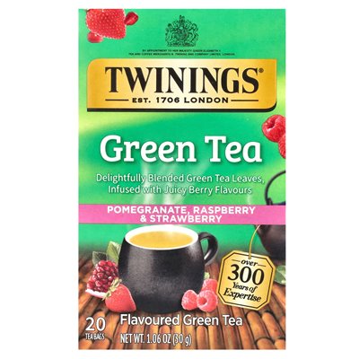 Twin, aromatic green tea, pomegranate, raspberry and strawberry, 20 tea bags, 1.06 oz (30 g) Twin, aromatic green tea, pomegranate, raspberry and strawberry, 20 tea bags, 1.06 oz (30 g)
