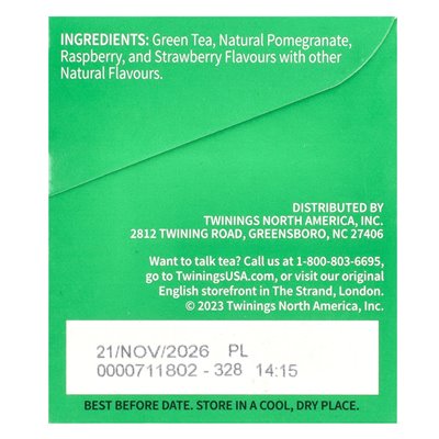 Twin, aromatic green tea, pomegranate, raspberry and strawberry, 20 tea bags, 1.06 oz (30 g) Twin, aromatic green tea, pomegranate, raspberry and strawberry, 20 tea bags, 1.06 oz (30 g)