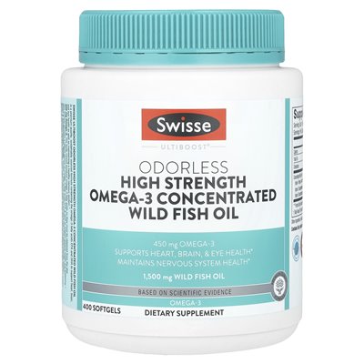 SWISSE, ULTIBOOST®, bezwonny olej z dzikimi rybami o wysokiej wytrzymałości, 1500 mg, 400 miękkich SWISSE, ULTIBOOST®, bezwonny olej z dzikimi rybami o wysokiej wytrzymałości, 1500 mg, 400 miękkich