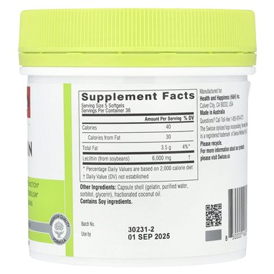SWISSE, ULTIBOOST®, Lecithin, 6000 mg, 180 kapsułek (1200 mg na kapsułkę) SWISSE, ULTIBOOST®, Lecithin, 6000 mg, 180 kapsułek (1200 mg na kapsułkę)