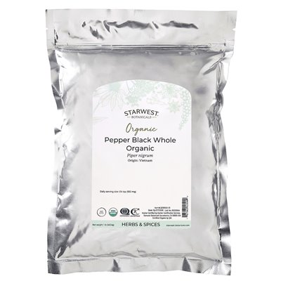 Starwest Botanicals, Organic Pepper Black Whole, 1 funt (453,6 g) Starwest Botanicals, Organic Pepper Black Whole, 1 funt (453,6 g)