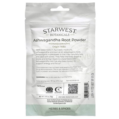 Starwest Botanicals, Organic Ashwagandha Root Powder, 2,47 uncji (70 g)