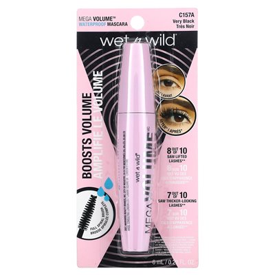 Wet n Wild, Mega Volume Waterproof Mascara, C157a bardzo czarny, 0,21 fl oz (6 ml)