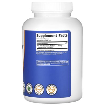 Nutricost, biała kora wierzba, 600 mg, 240 kapsułek