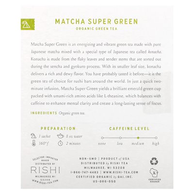 Rishi Tea, ekologiczna zielona herbata, matcha super zielona, 15 saszetek, 1,32 uncji (37,5 g) Rishi Tea, ekologiczna zielona herbata, matcha super zielona, 15 saszetek, 1,32 uncji (37,5 g)