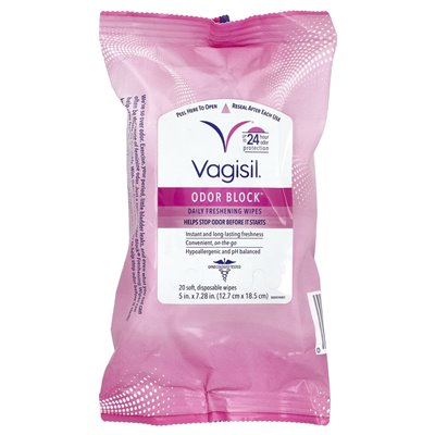 Vagisil, Block Odor® Codzienne ściereczki odświeżające, 20 miękkich, jednorazowych ściereczek