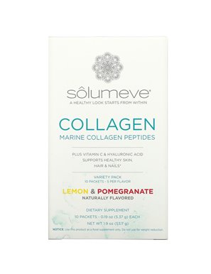 Solumeve, Peptydy kolagenu morskiego z witaminą C i kwasem hialuronowym, o smaku cytryny i granatu, 10 saszetek po 5,37 g każda Solumeve, Peptydy kolagenu morskiego z witaminą C i kwasem hialuronowym, o smaku cytryny i granatu, 10 saszetek po 5,37 g każda
