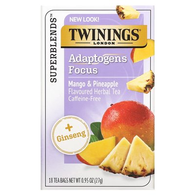 Bliźniacze, adaptogeny Focus Focus Herbata, mango i ananas, bez kofeiny, 18 worków do herbaty, 0,95 uncji (27 g)