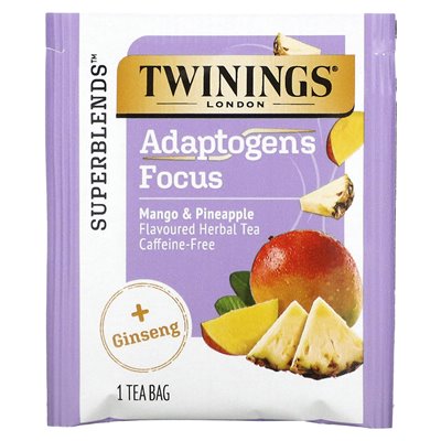 Bliźniacze, adaptogeny Focus Focus Herbata, mango i ananas, bez kofeiny, 18 worków do herbaty, 0,95 uncji (27 g)