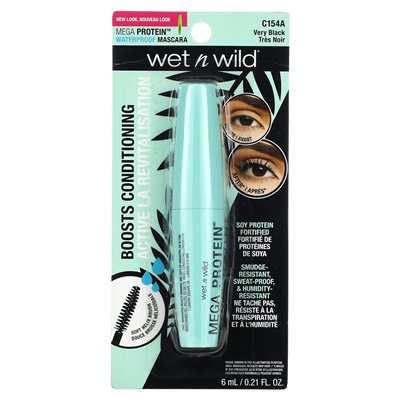 Wet n Wild, Mega Protein Waterproof Mascara, C154A bardzo czarny, 0,21 fl oz (6 ml)