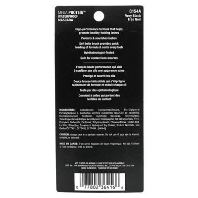 Wet n Wild, Mega Protein Waterproof Mascara, C154A bardzo czarny, 0,21 fl oz (6 ml)
