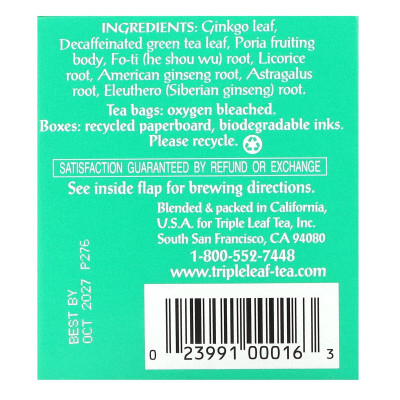 Triple Leaf Tea, Ginkgo & Decaf Green Tea, 20 toreb herbaty, 1,27 uncji (36 g) Triple Leaf Tea, Ginkgo & Decaf Green Tea, 20 toreb herbaty, 1,27 uncji (36 g)