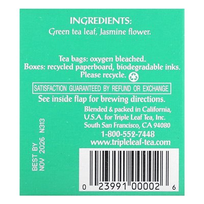 Triple Leaf Tea, Jasmine Green Tea, 20 toreb herbaty, 1,34 uncji (38 g)