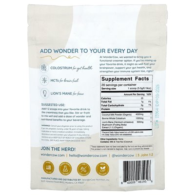Wondercow, Wondercream, Calostrum Creamer, Unsweetened, 3.88 oz (110 g)