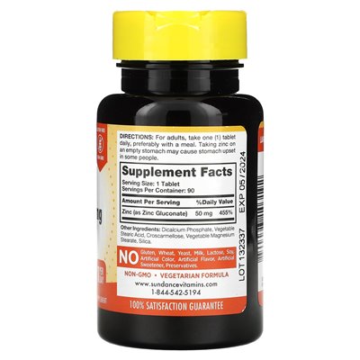 Sundance Vitamins, Chelated Zinc Gluconate, 50mg, 90 Tablets