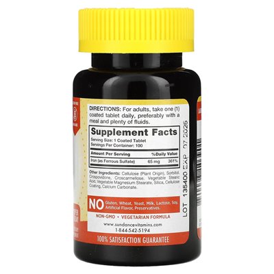 Sundance Vitamins, Iron, 65 mg, 100 Coated Tablets Sundance Vitamins, Iron, 65 mg, 100 Coated Tablets