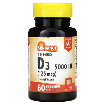 Witaminy Sundance, D3 o dużej mocy, 125 mcg (5000 IU), 60 miękkich zwolnień