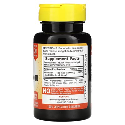 Sundance Vitamins, hochwirksames D3, 125 mcg (5000 IE), 60 Kapseln