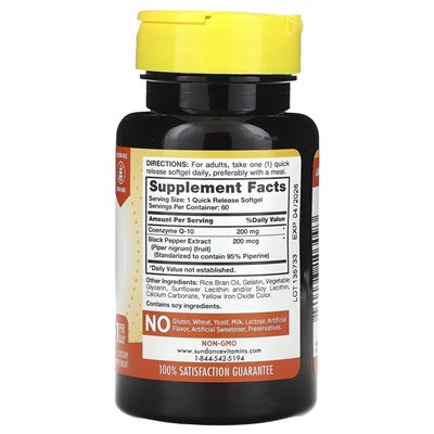 Witaminy Sundance, Absorbable COQ10, 200 mg, 60 Softgels Szybkie uwalnianie
