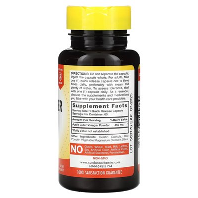 Sundance Vitamins, Apple Cider Vinegar, 450 mg, 60 Quick Release Capsules Sundance Vitamins, Apple Cider Vinegar, 450 mg, 60 Quick Release Capsules