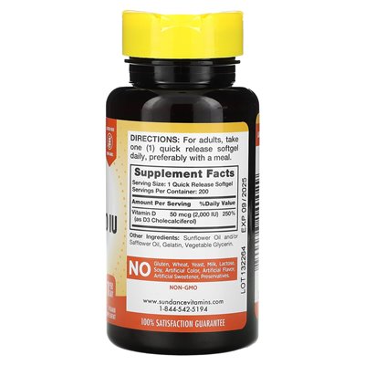 Sundance Vitamins, High Potency D3, 50 mcg (2,000 IU), 200 Quick Release Softgels